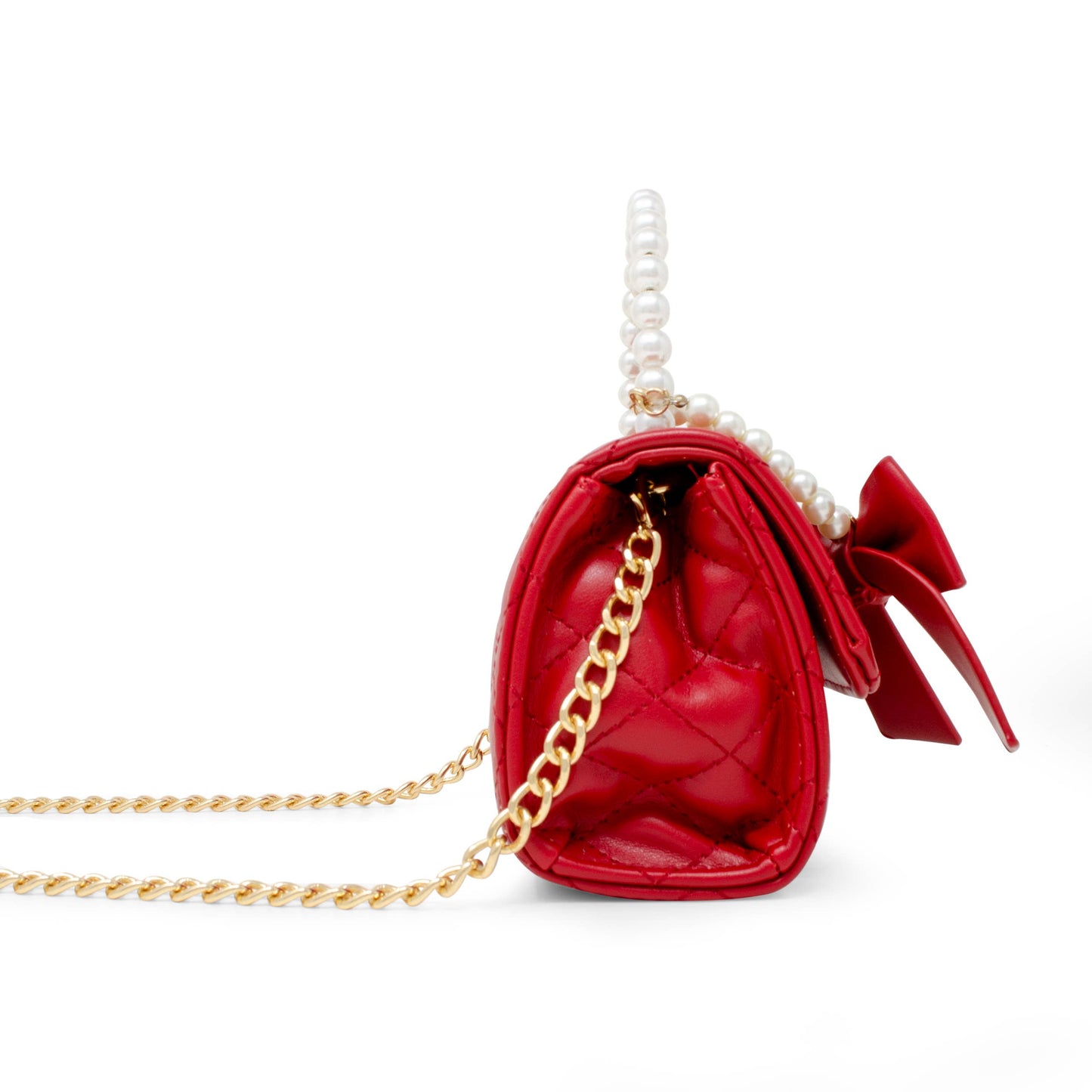 Quilted Pearl Handle Bow Ribbon Handbag | Red