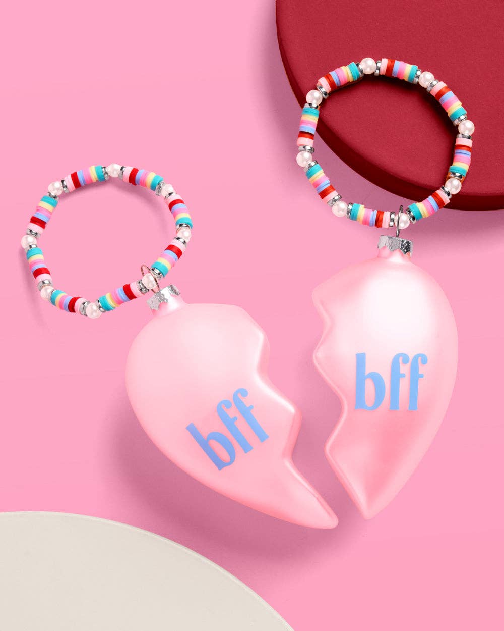 BFF Split Heart Ornament – 2 Piece Pink Best Friend Holiday Ornament