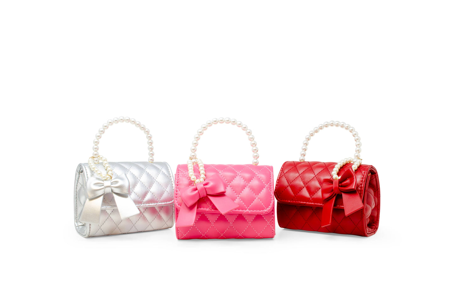 Quilted Pearl Handle Bow Ribbon Handbag | Silver