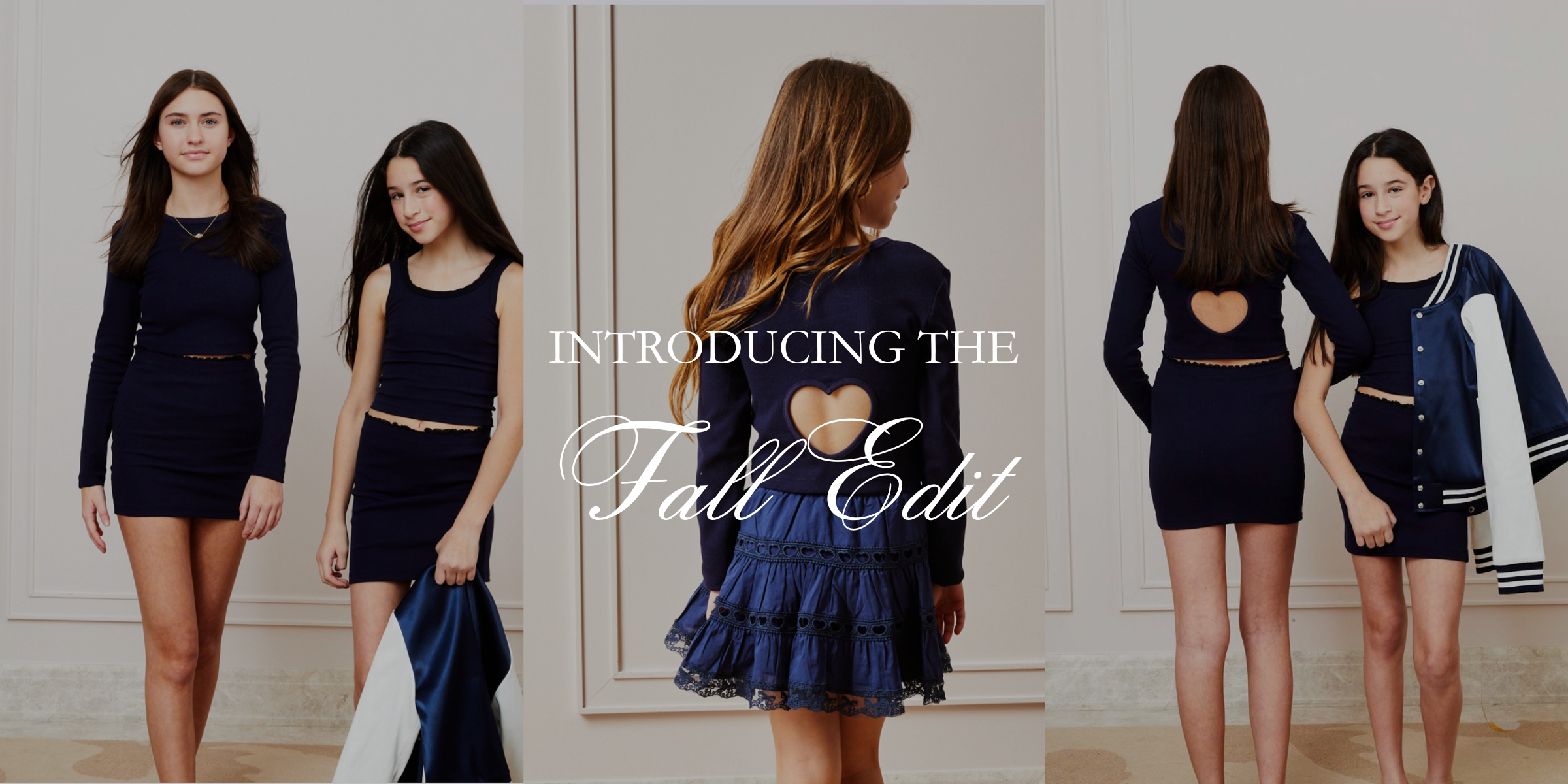 Two tween girls modeling coordinated navy fall outfits with heart details, a lace skirt and varsity jacket for the Sunday Best Fall Edit.