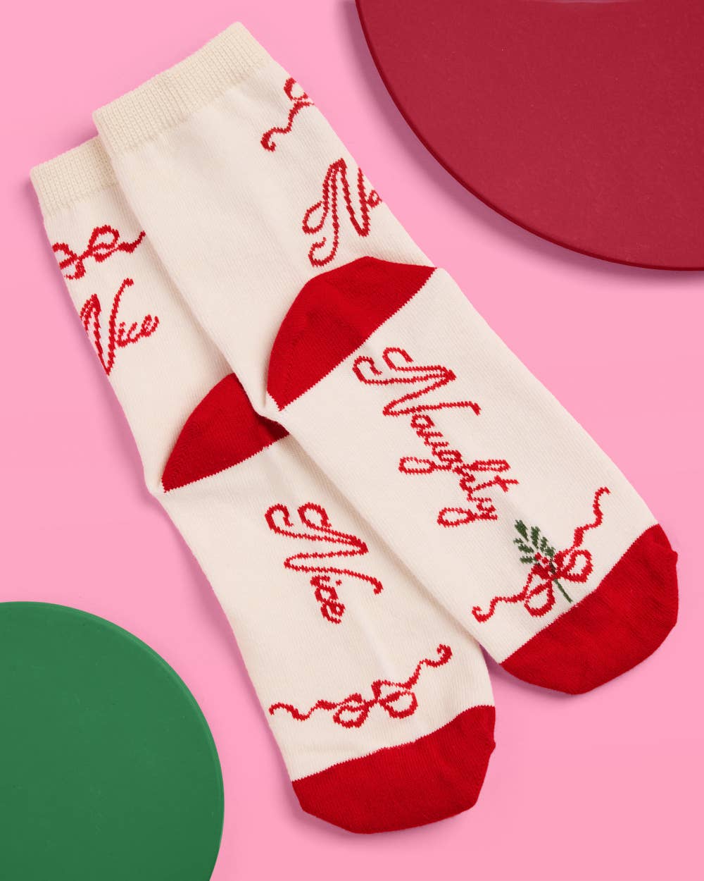 Naughty & Nice Knit Socks – Cream + Red Holiday Crew Socks