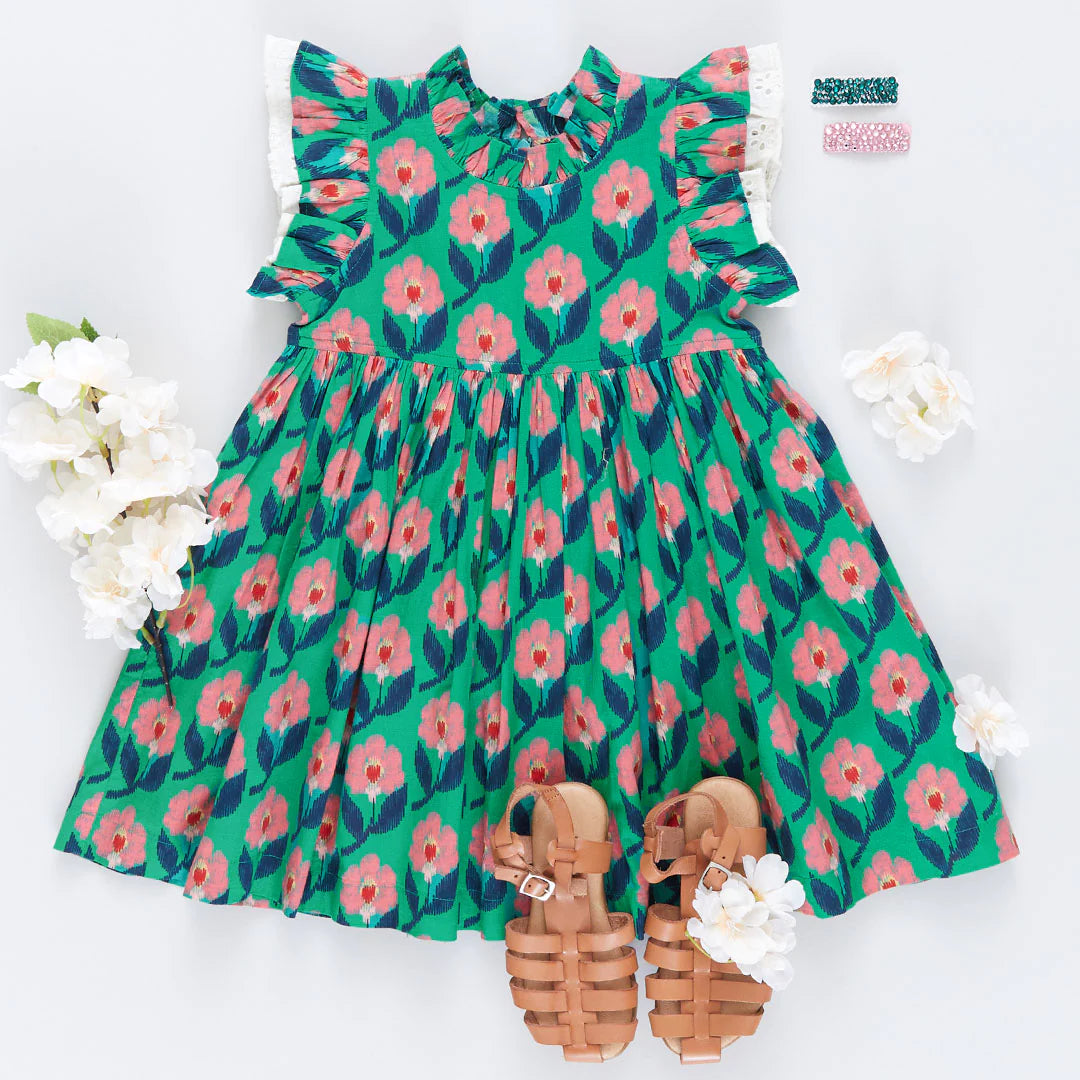 Pink Chicken Leila Dress | Green Floral Ikat