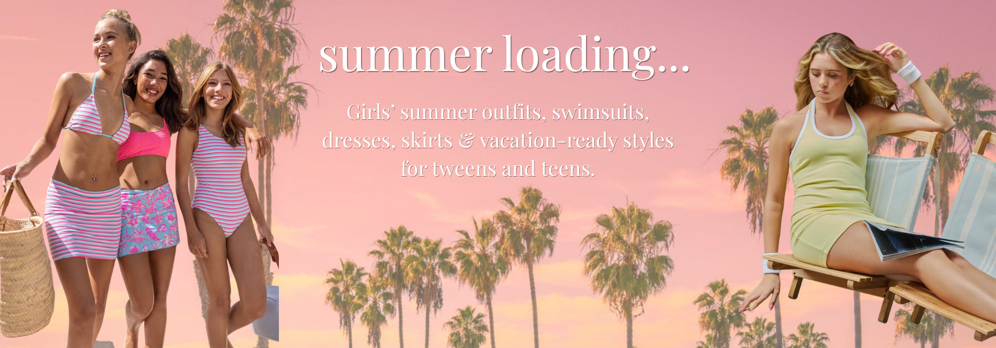 Tween and teen girls wearing colorful summer swimsuits, dresses and vacation-ready outfits on a pink palm tree background for Sunday Best Kids summer styles.
