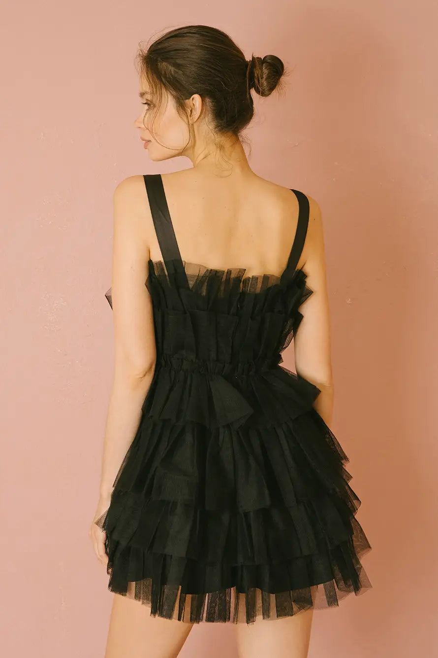 Monochromatic Tiered Layered Tulle Black Mini Dress