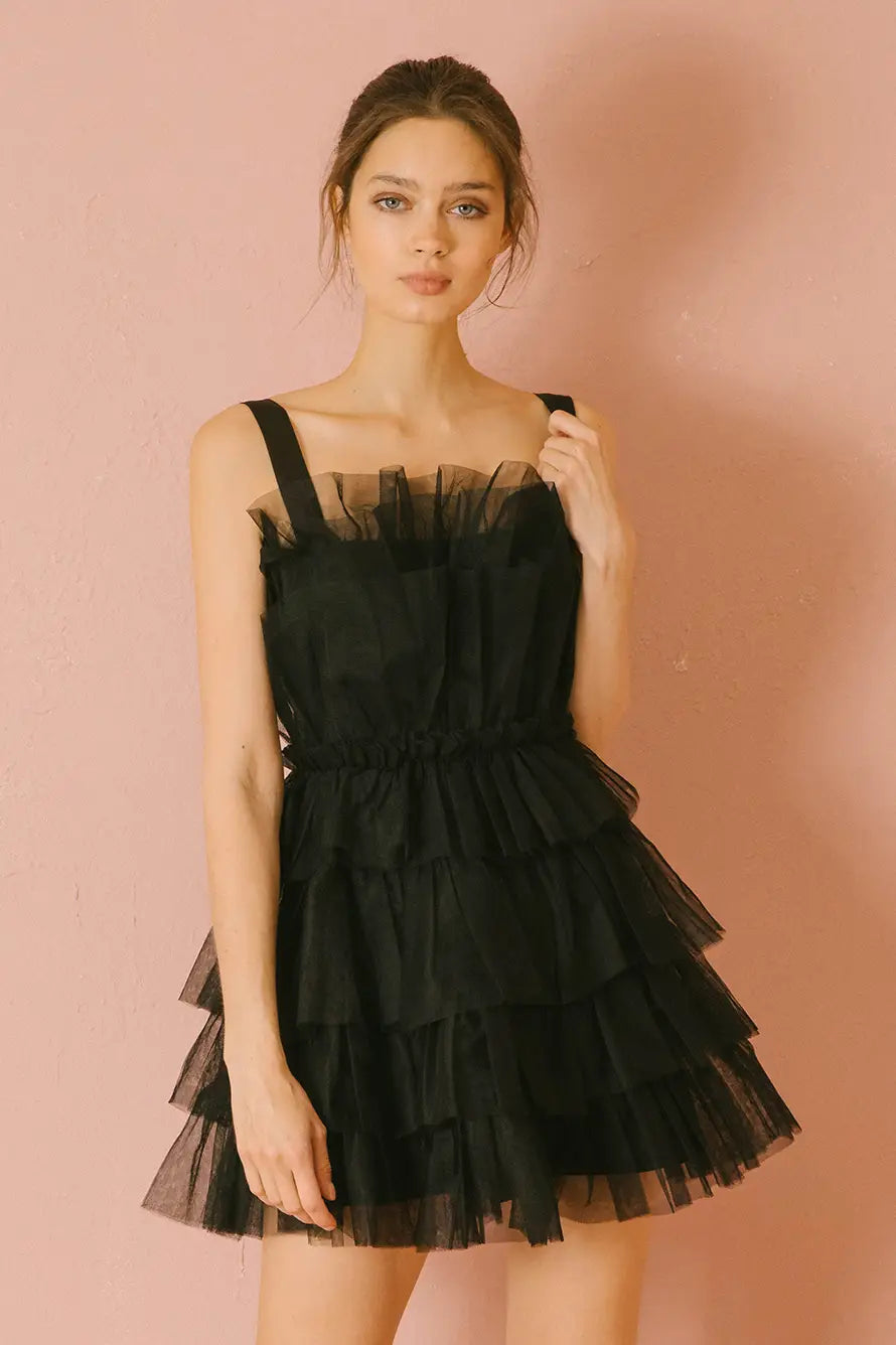 Monochromatic Tiered Layered Tulle Black Mini Dress