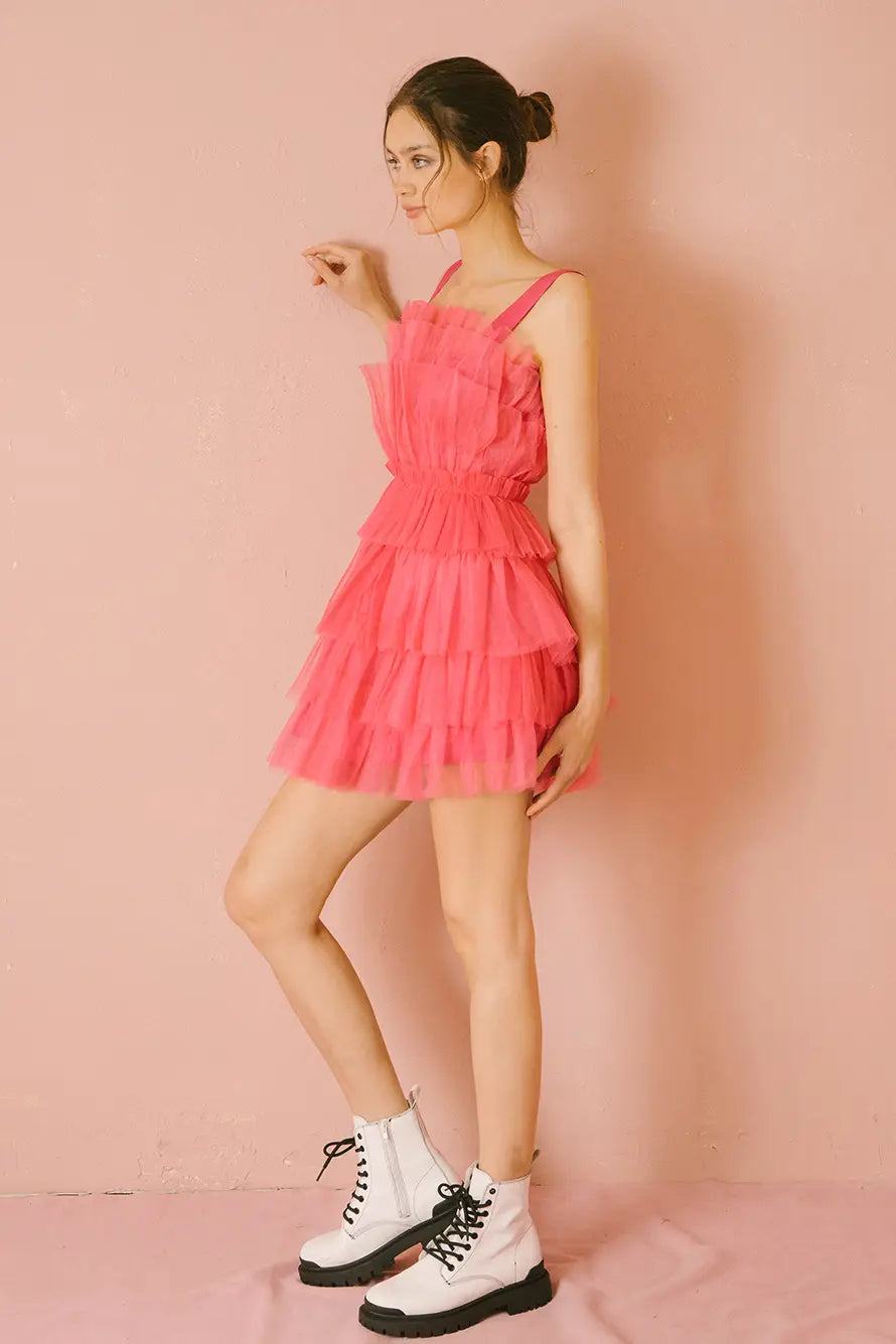 Monochromatic Tiered Layered Tulle Bright Pink Mini Dress