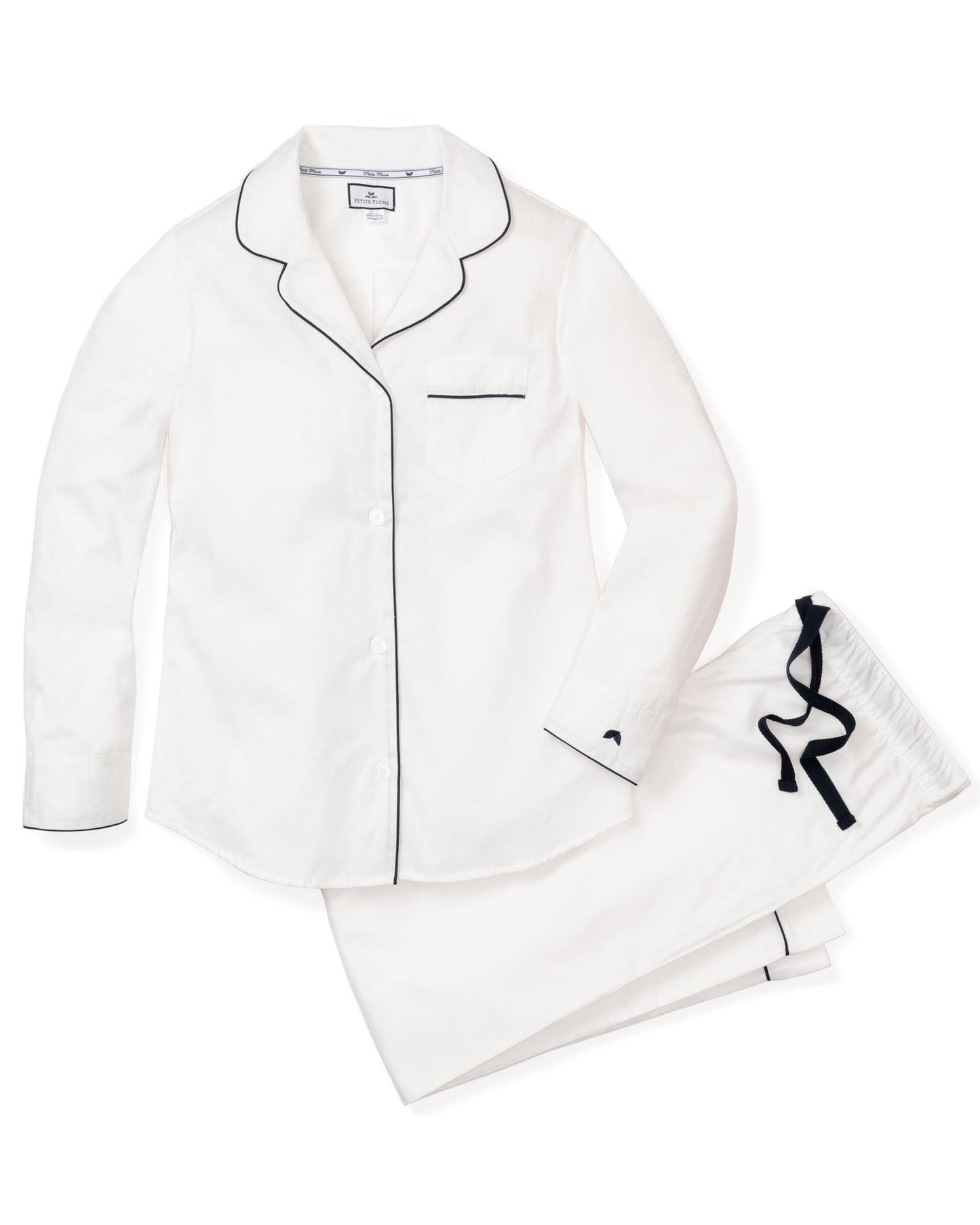 Petite Plume Teen White Cotton Pajama Set with Navy Piping